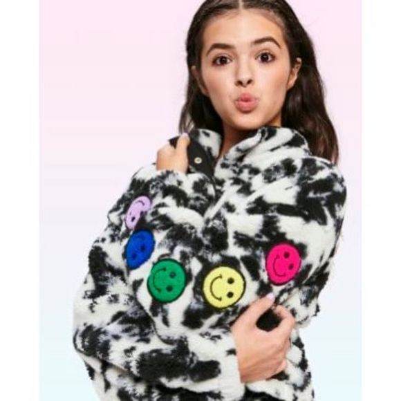 Sugar & Jade Other - Tween Girls Sugar & Jade Tie Dye Sherpa Crop Pullover Smiley Black L 12/14 NWT